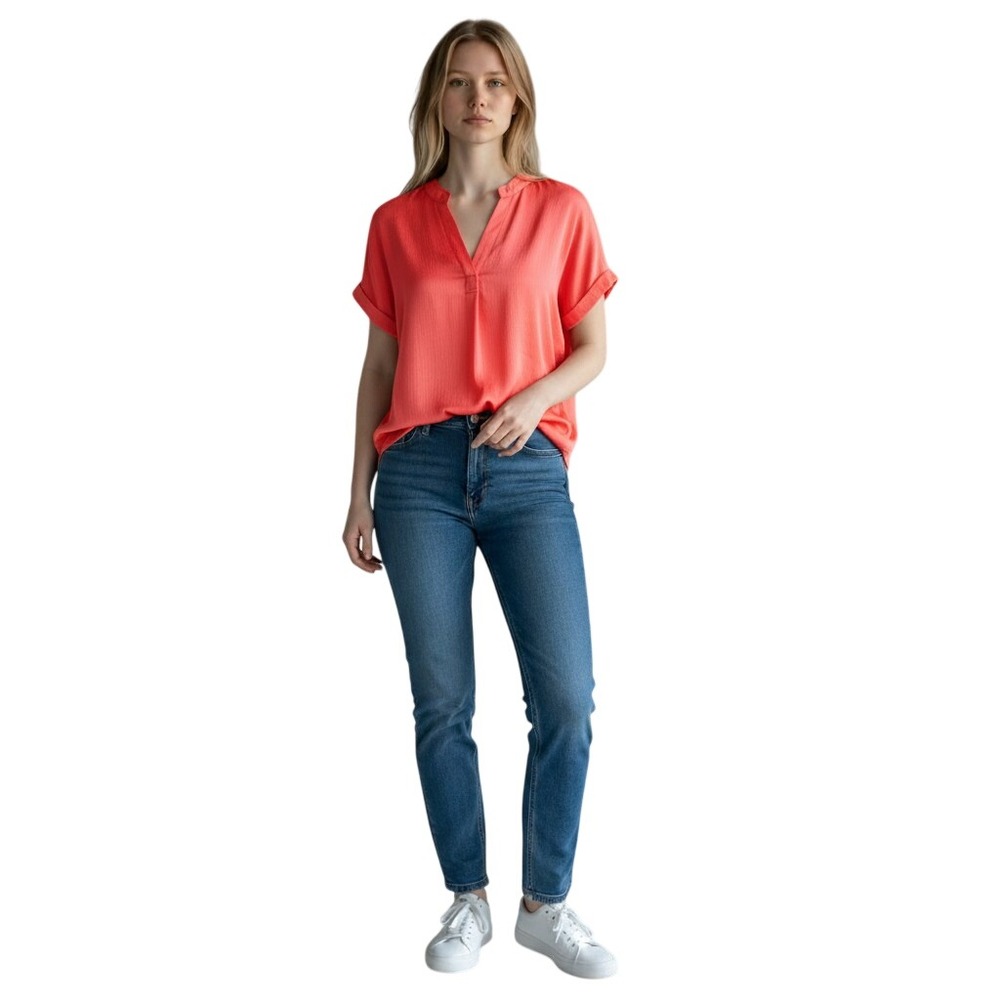 Vince Camuto XL Coral Red Split V-Neck Cuffed Short Sleeve Textured Blouse